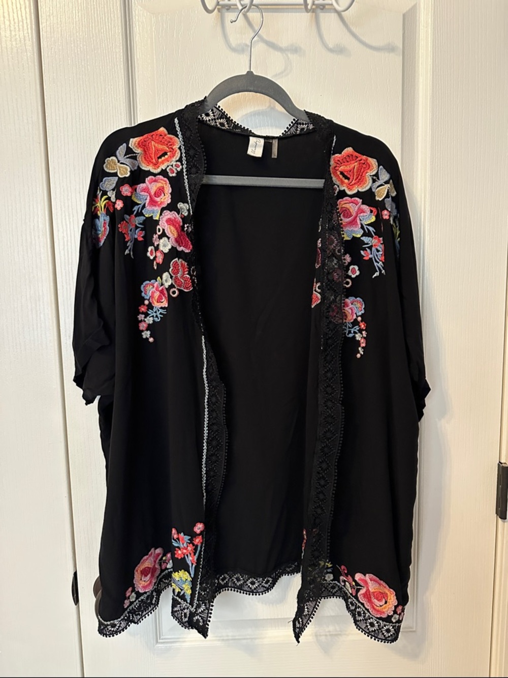 Democracy Black Swim Coverup with Pink, Red, Yellow & Blue Floral Embroidery